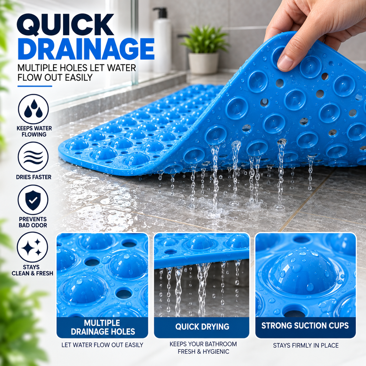 2PC Anti-Slip Bath Mat with Suction Cups | Drainage Shower & Bathroom Mat