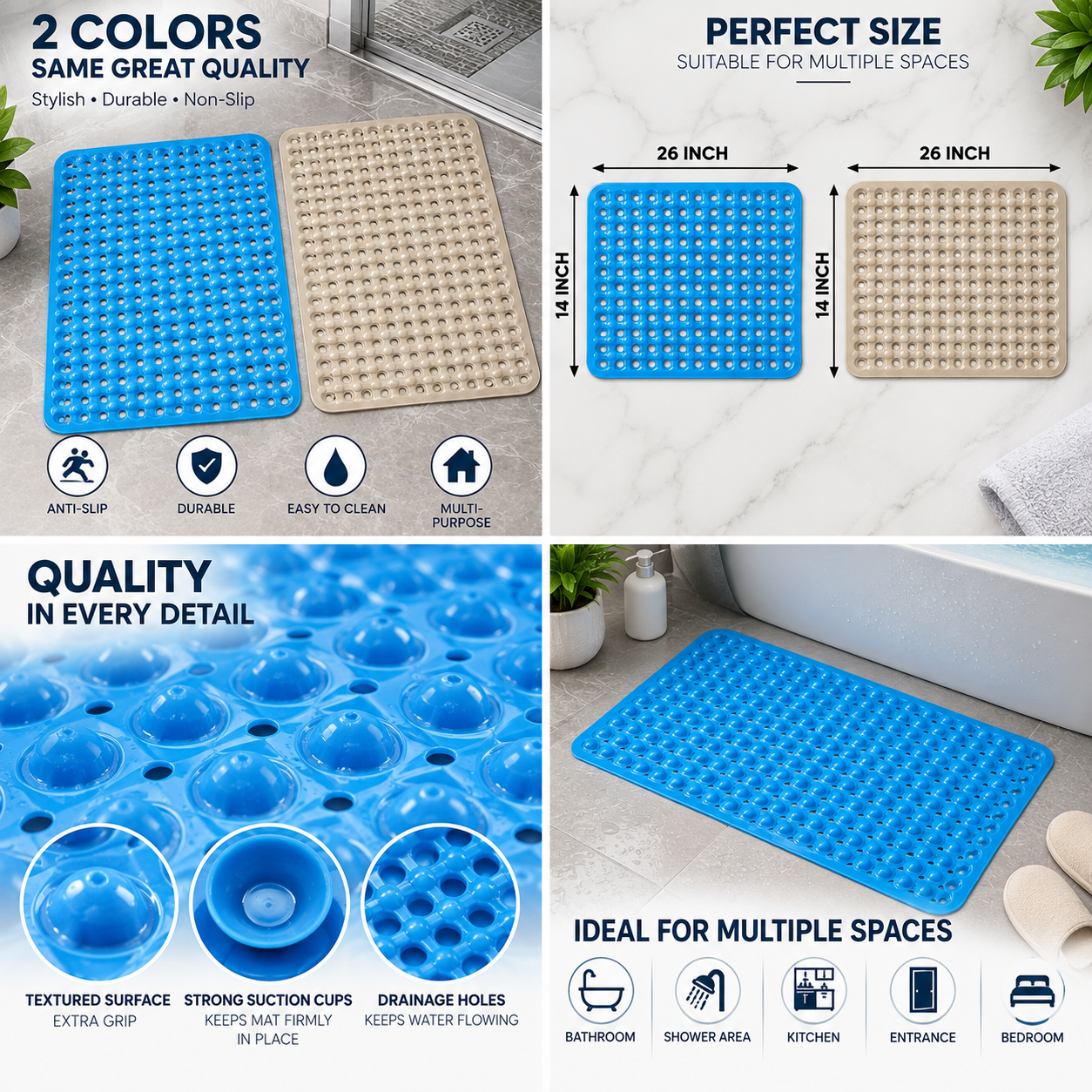 2PC Anti-Slip Bath Mat with Suction Cups | Drainage Shower & Bathroom Mat