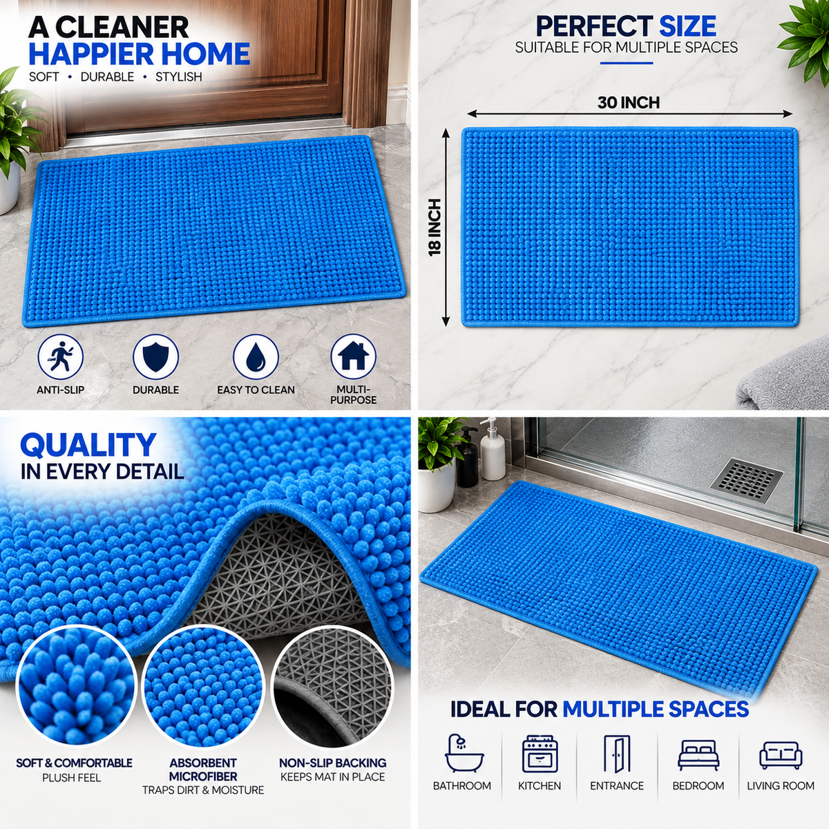 Soft Microfiber Bath Mat | Absorbent Non-Slip Floor Mat | 30 × 18 Inch