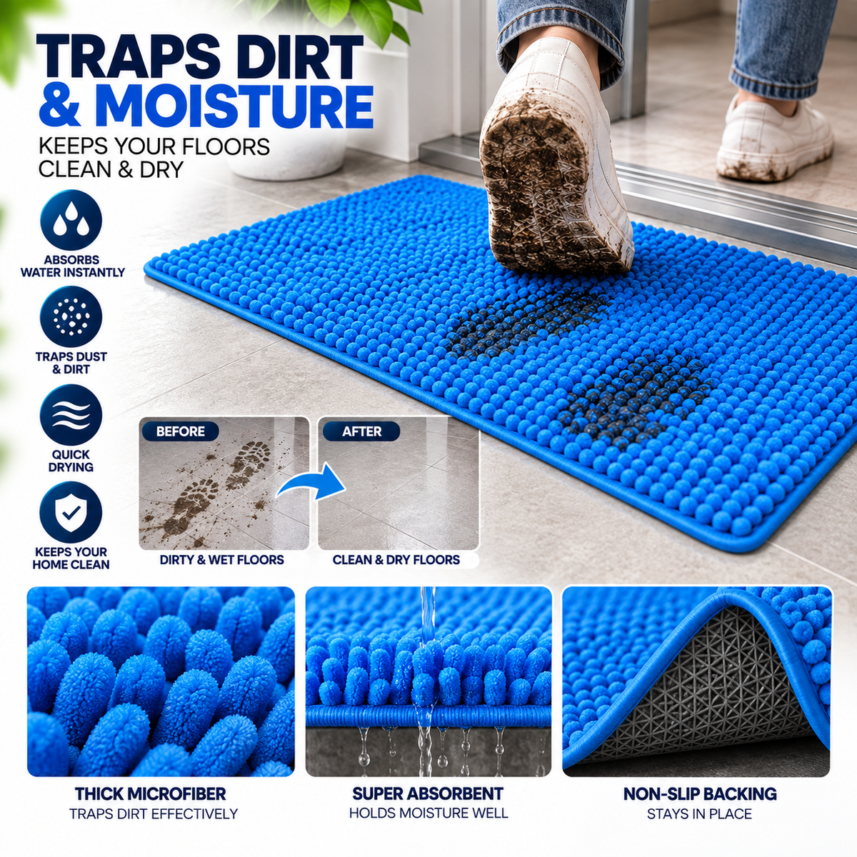Soft Microfiber Bath Mat | Absorbent Non-Slip Floor Mat | 30 × 18 Inch