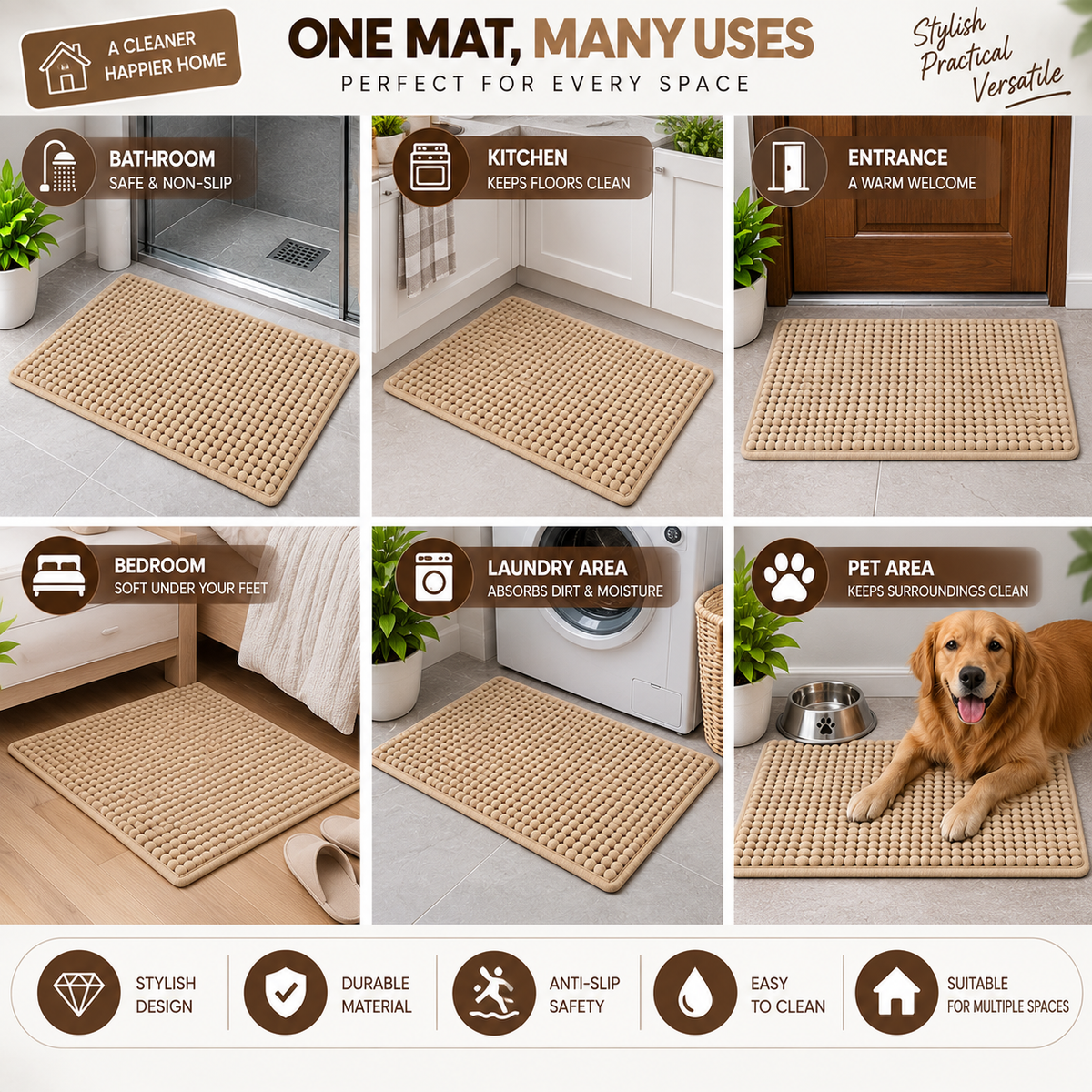 2PC Soft Textured Floor Mat | Non-Slip Door & Bathroom Mat | 23 × 15 Inch