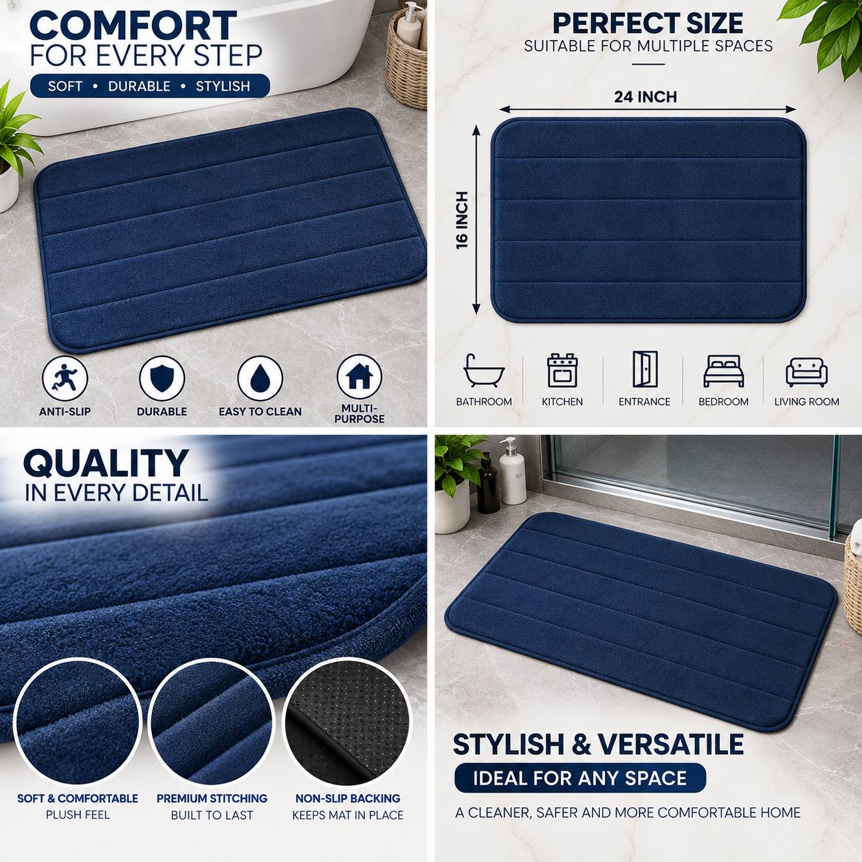 2PC Soft Plush Bath Mat | Non-Slip Absorbent Floor Mat for Bathroom & Home