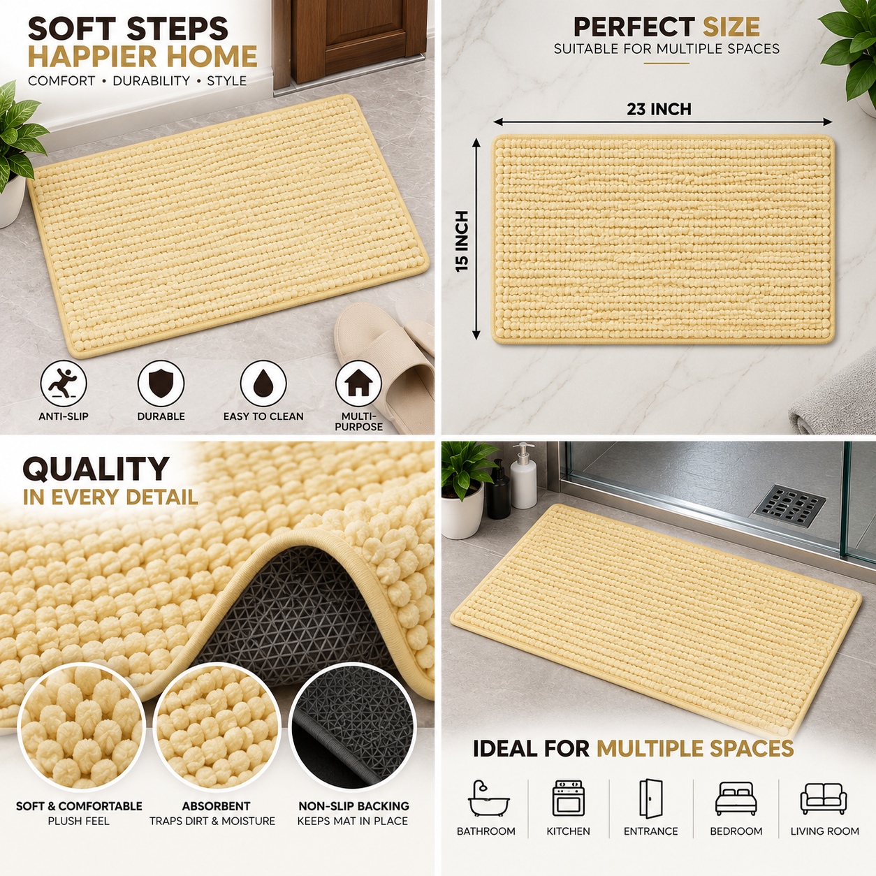 2PC Soft Absorbent Bath Mat 23×15 Inch | Non-Slip Plush Floor Mat