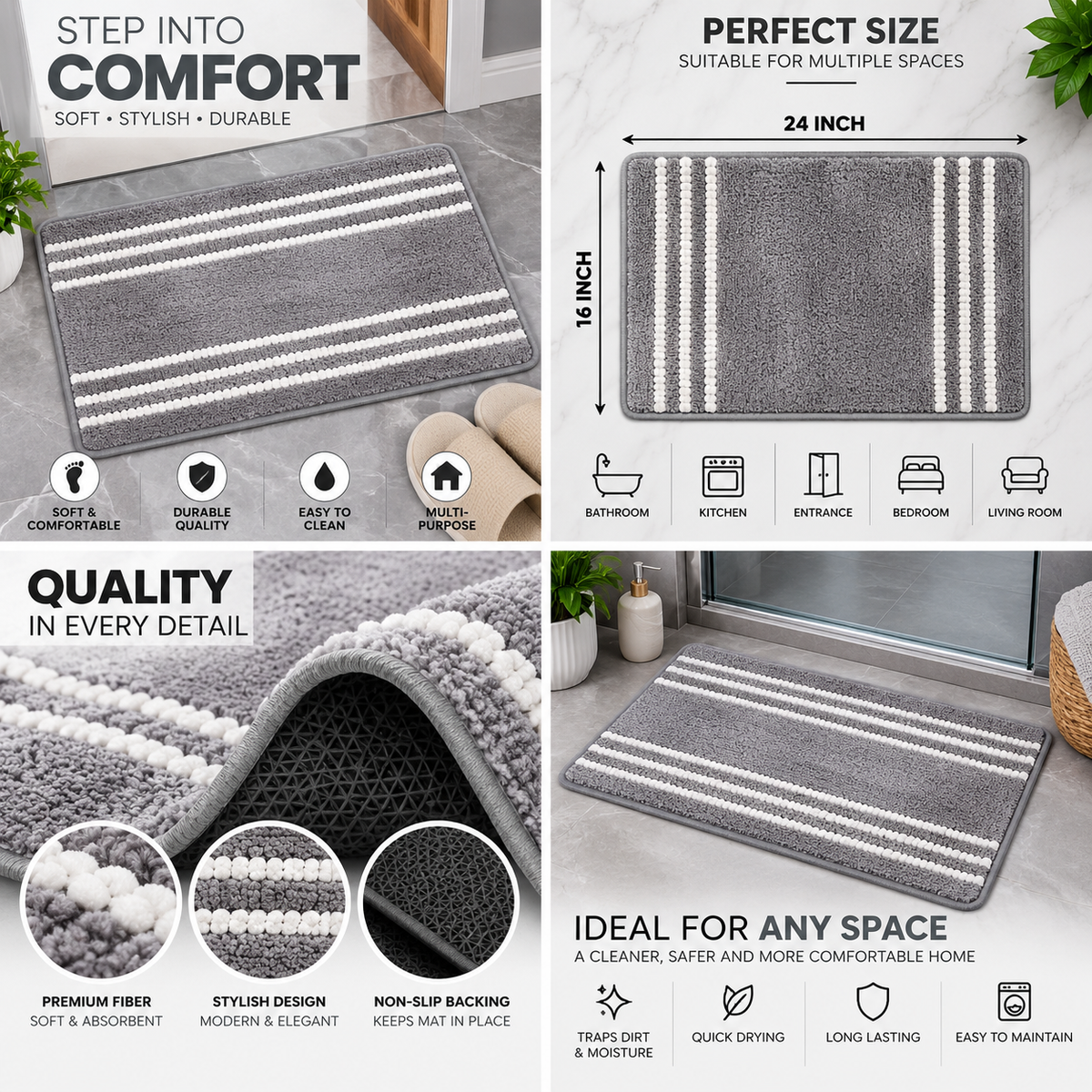 2PC Soft Non-Slip Bath Mat | Absorbent Microfiber Floor Mat
