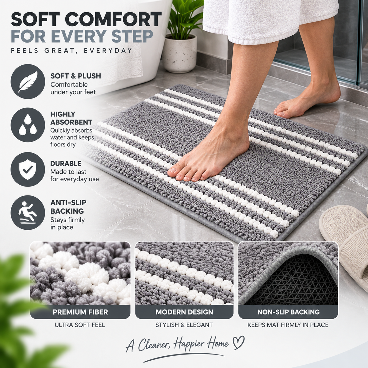 2PC Soft Non-Slip Bath Mat | Absorbent Microfiber Floor Mat