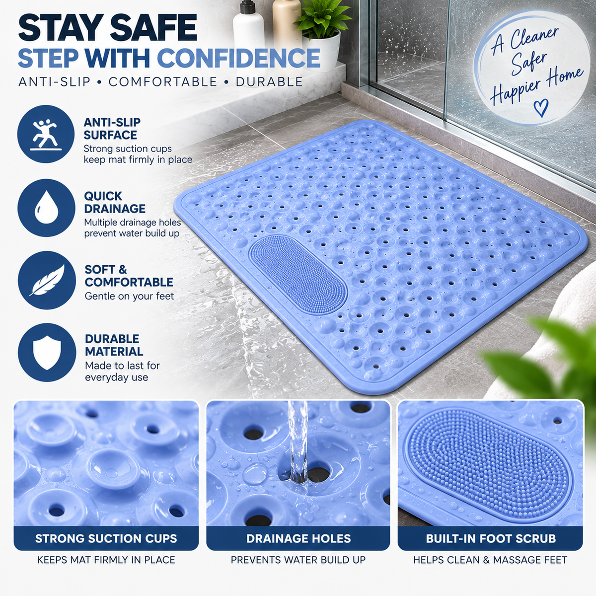 Anti-Slip Bath Mat with Suction Cups | Quick Drainage Shower Floor Mat