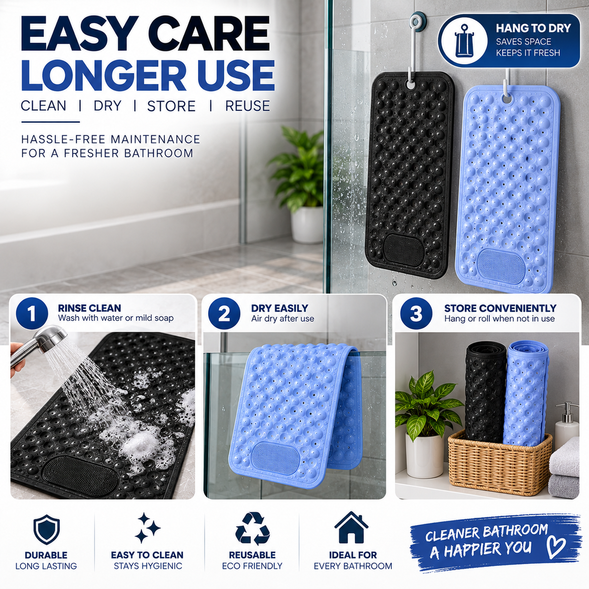 Anti-Slip Bath Mat with Suction Cups | Quick Drainage Shower Floor Mat