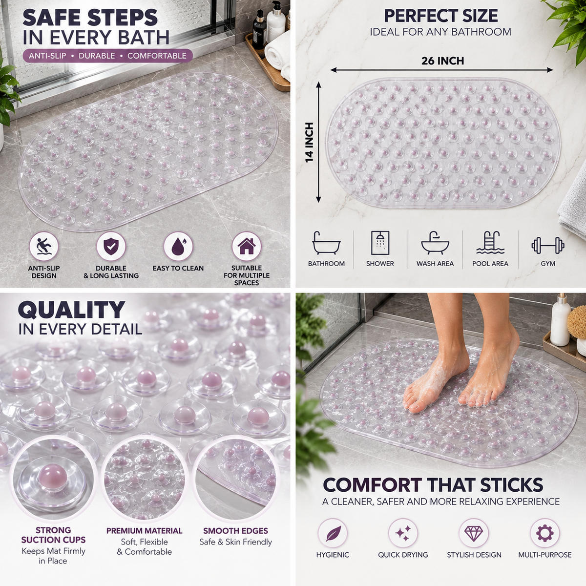 2PC Clear Anti-Slip Bath Mat with Suction Cups | Non-Slip Shower Floor Mat