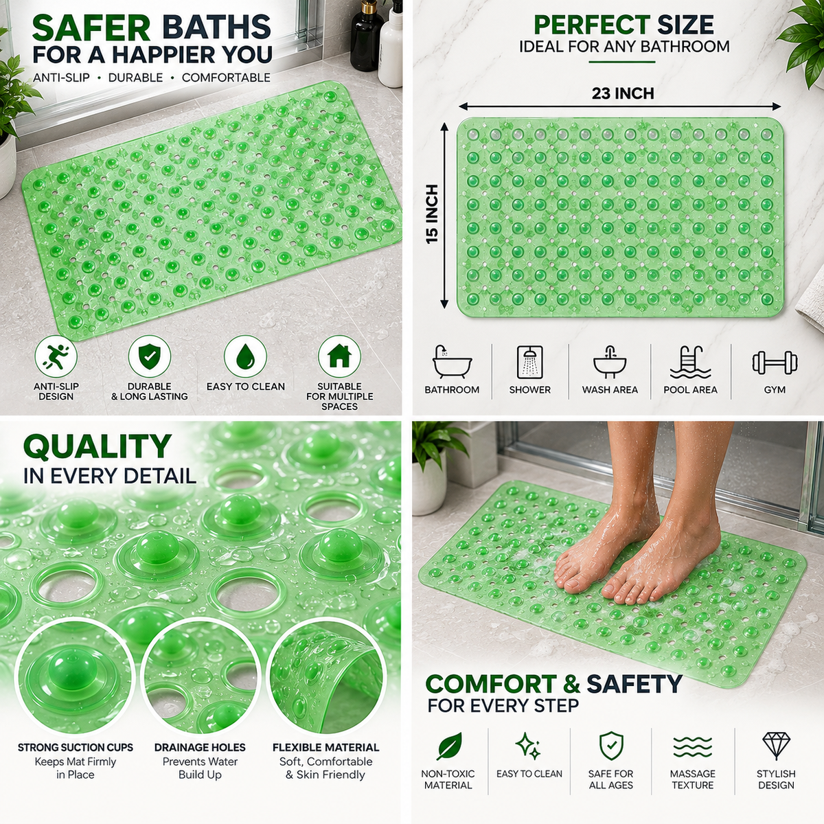 2PC Green Anti-Slip Bath Mat with Suction Cups | Flexible Shower Floor Mat