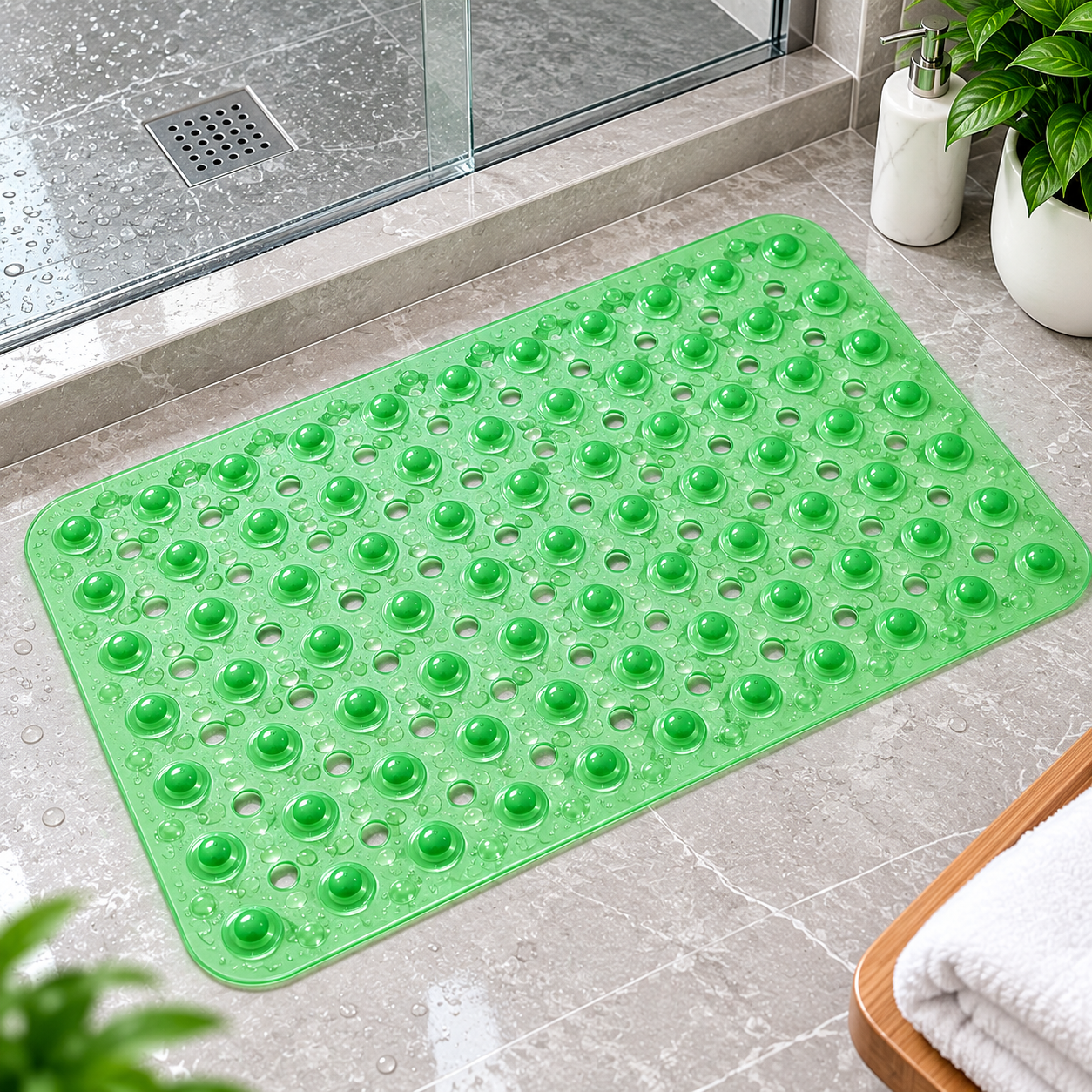 2PC Green Anti-Slip Bath Mat with Suction Cups | Flexible Shower Floor Mat