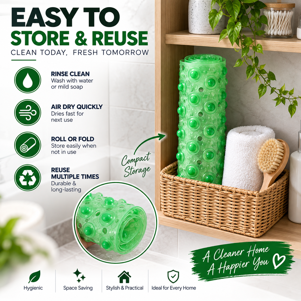 2PC Green Anti-Slip Bath Mat with Suction Cups | Flexible Shower Floor Mat