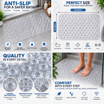 2PC Clear Anti-Slip Bath Mat with Suction Cups | Non-Slip Shower Floor Mat 26×16