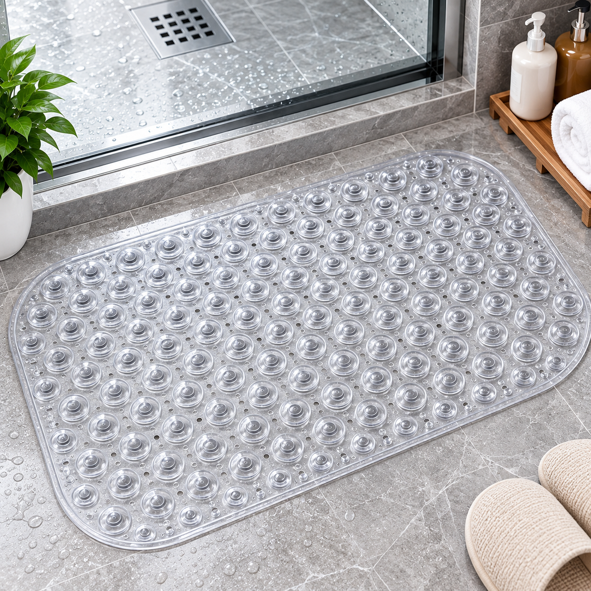 2PC Clear Anti-Slip Bath Mat with Suction Cups | Non-Slip Shower Floor Mat 26×16