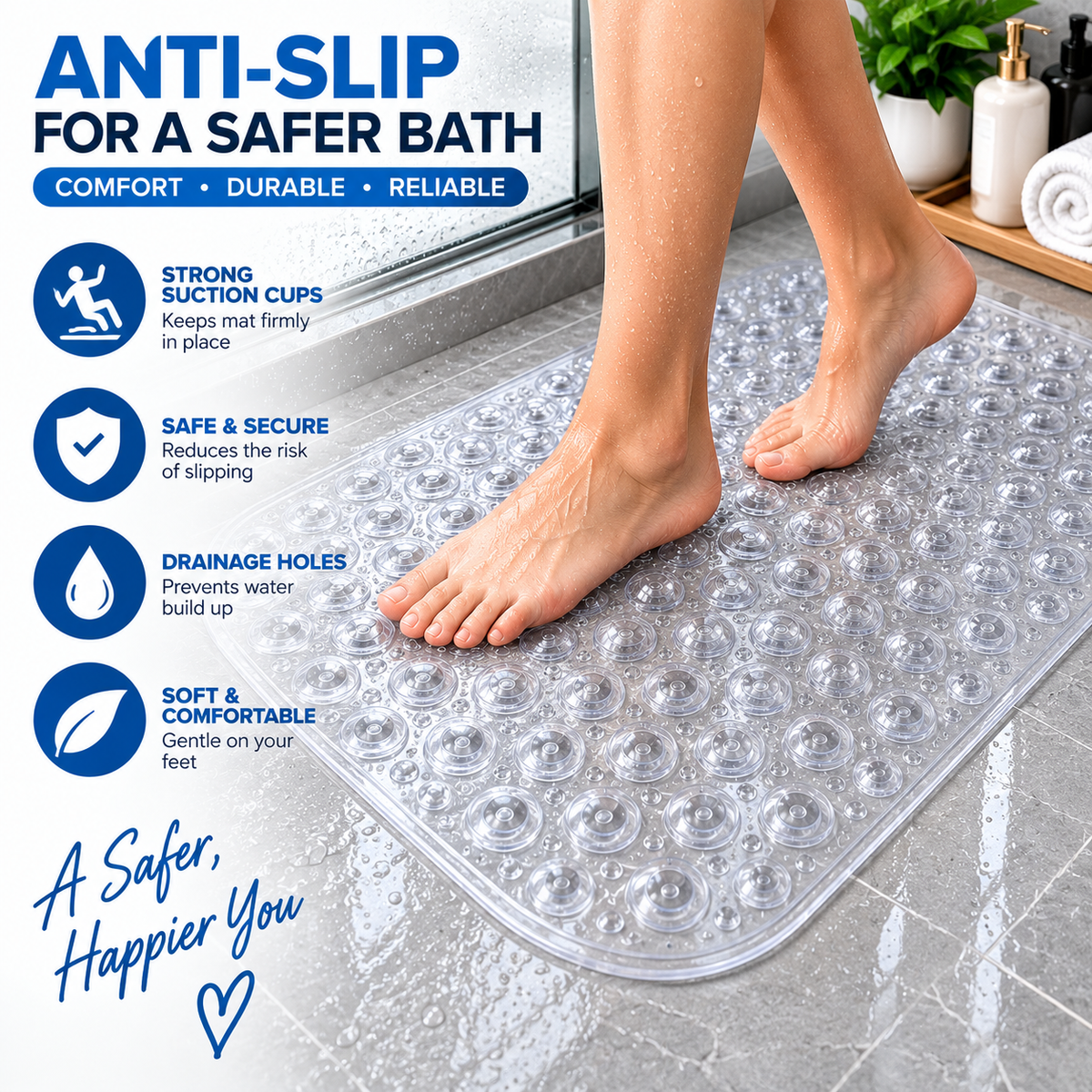 2PC Clear Anti-Slip Bath Mat with Suction Cups | Non-Slip Shower Floor Mat 26×16