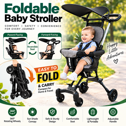 Foldable Baby Stroller – Reversible Seat, 360° Rotating Wheels & Sun Canopy