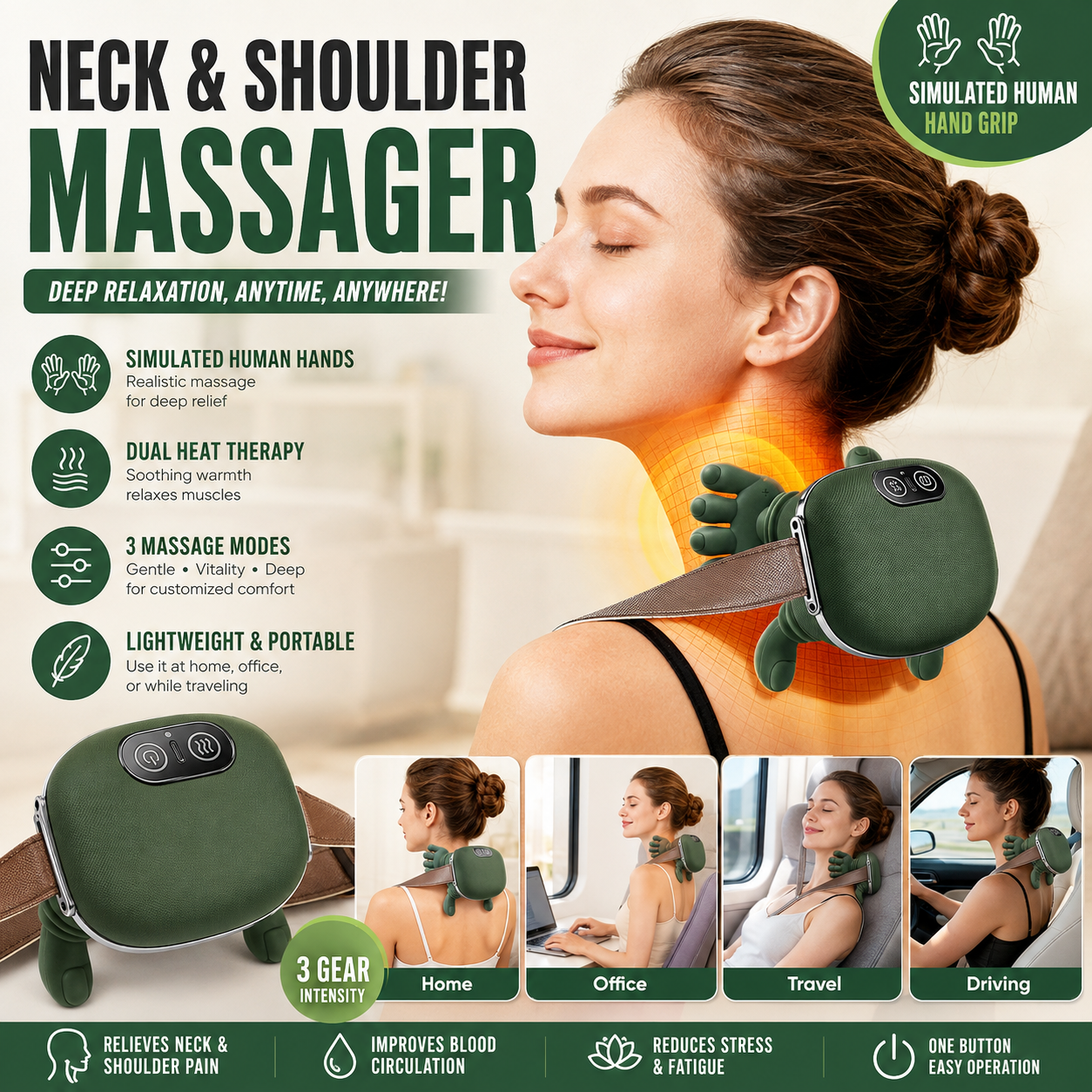 Rechargeable Neck & Shoulder Massager with Heat – Deep Kneading & 3 Massage Modes