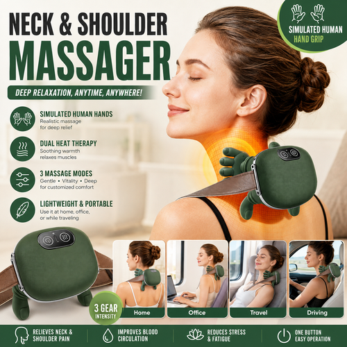 Rechargeable Neck & Shoulder Massager with Heat – Deep Kneading & 3 Massage Modes