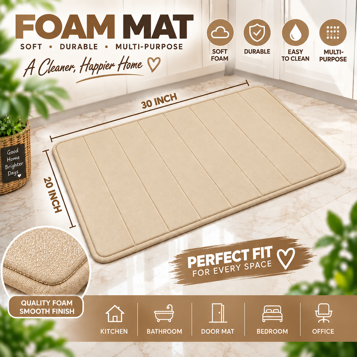 2PC Soft Foam Floor Mat Beige | Anti Slip Multi-Purpose Mat