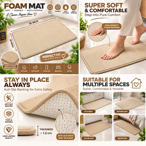 2PC Soft Foam Floor Mat Beige | Anti Slip Multi-Purpose Mat