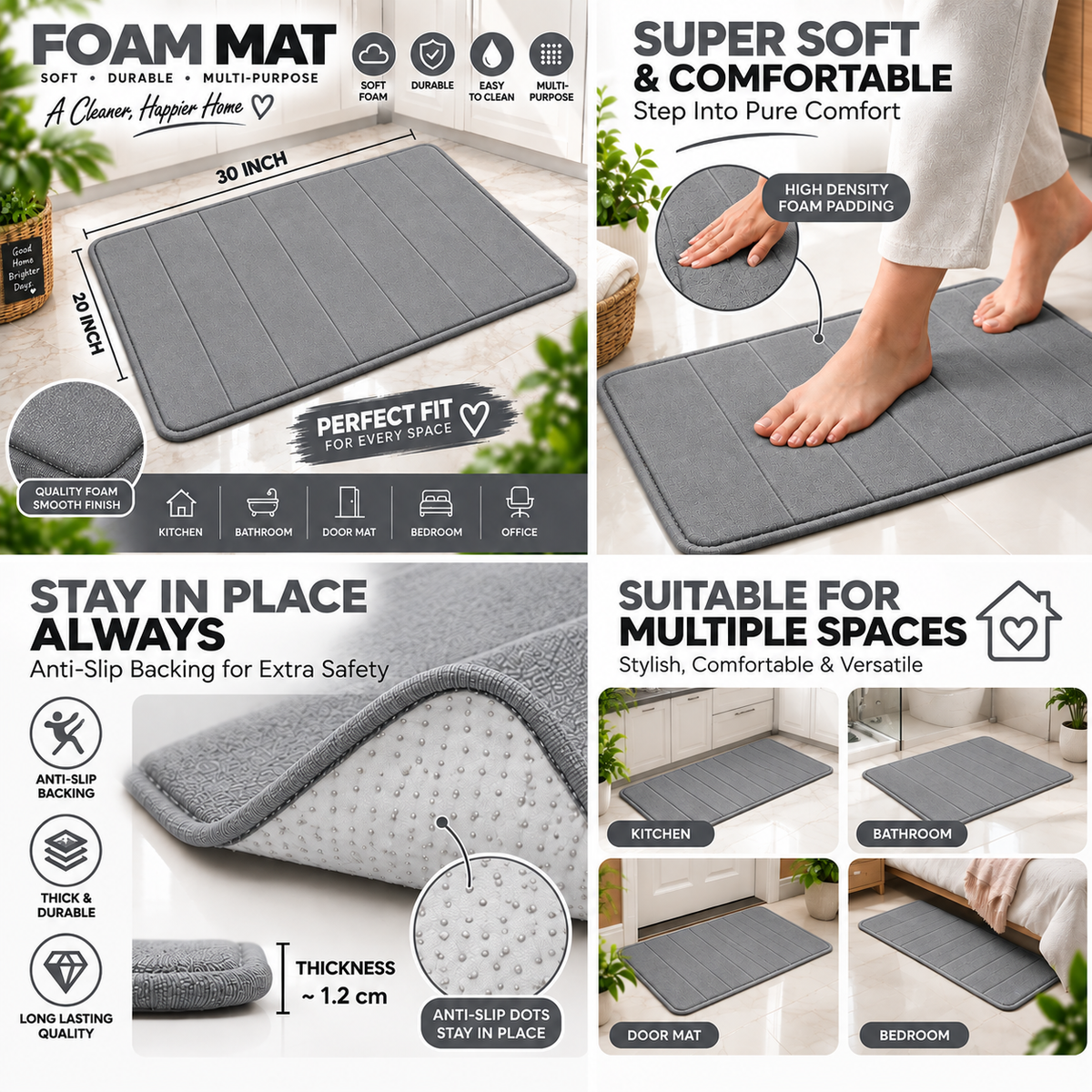 2PC Super Soft Foam Floor Mat Grey | Anti-Slip Multi-Purpose Mat