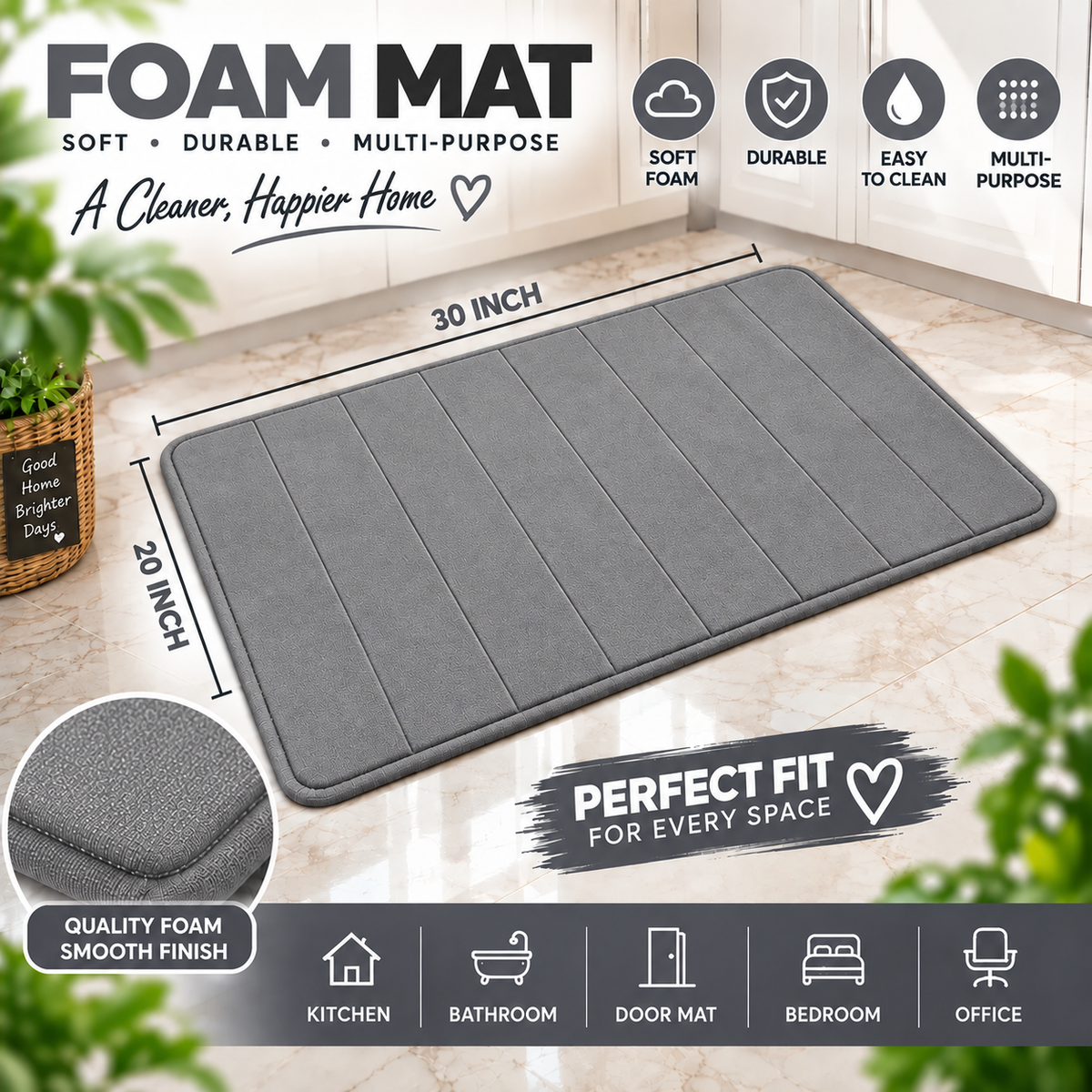 2PC Super Soft Foam Floor Mat Grey | Anti-Slip Multi-Purpose Mat