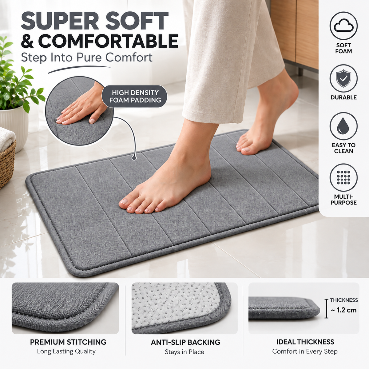 2PC Super Soft Foam Floor Mat Grey | Anti-Slip Multi-Purpose Mat