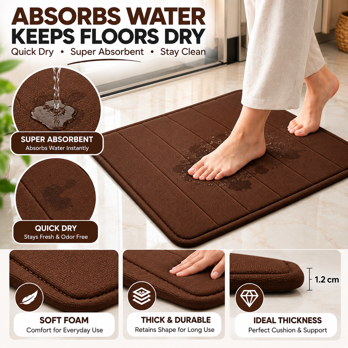 2PC Soft Foam Floor Mat Brown | Anti-Slip Multi-Purpose Mat