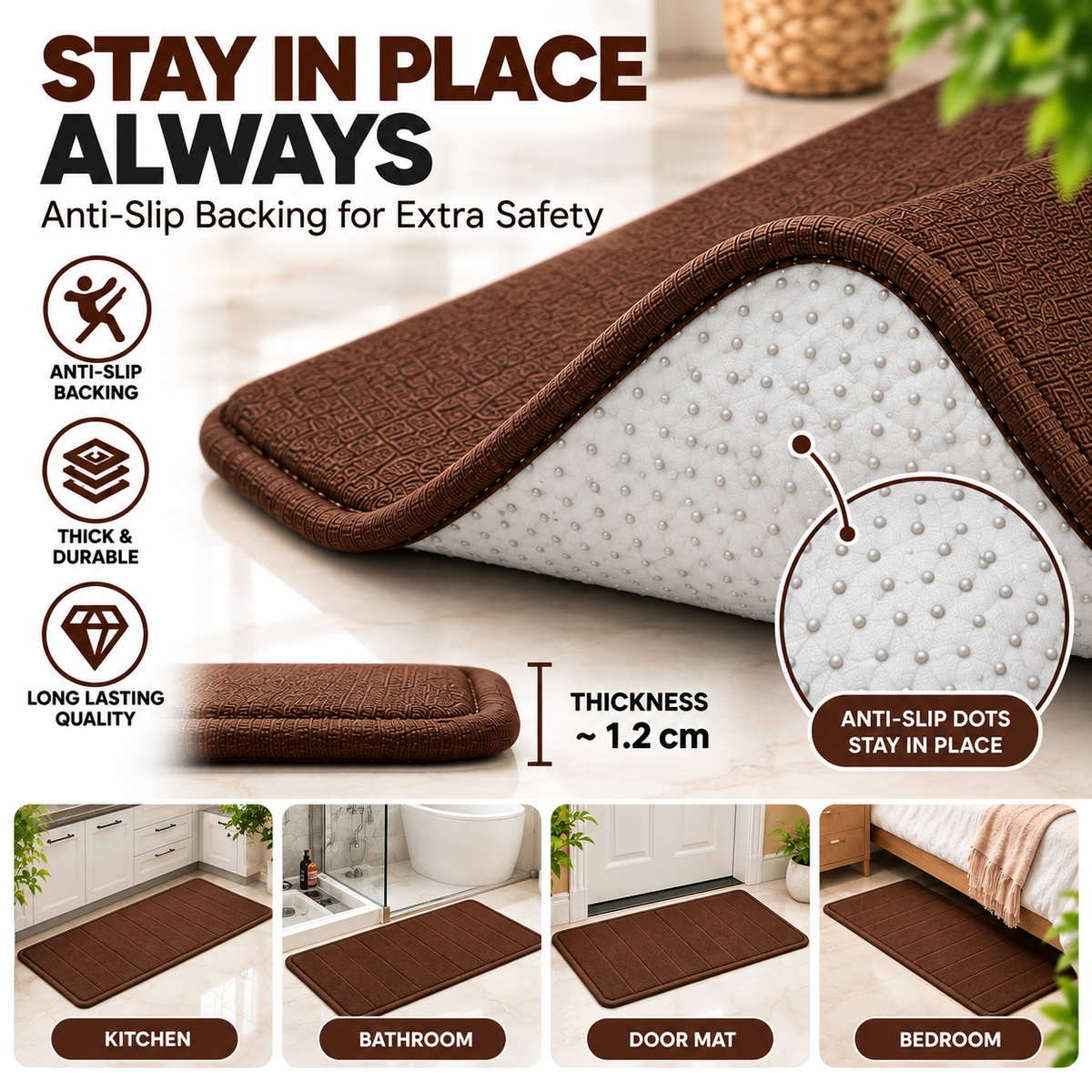 2PC Soft Foam Floor Mat Brown | Anti-Slip Multi-Purpose Mat