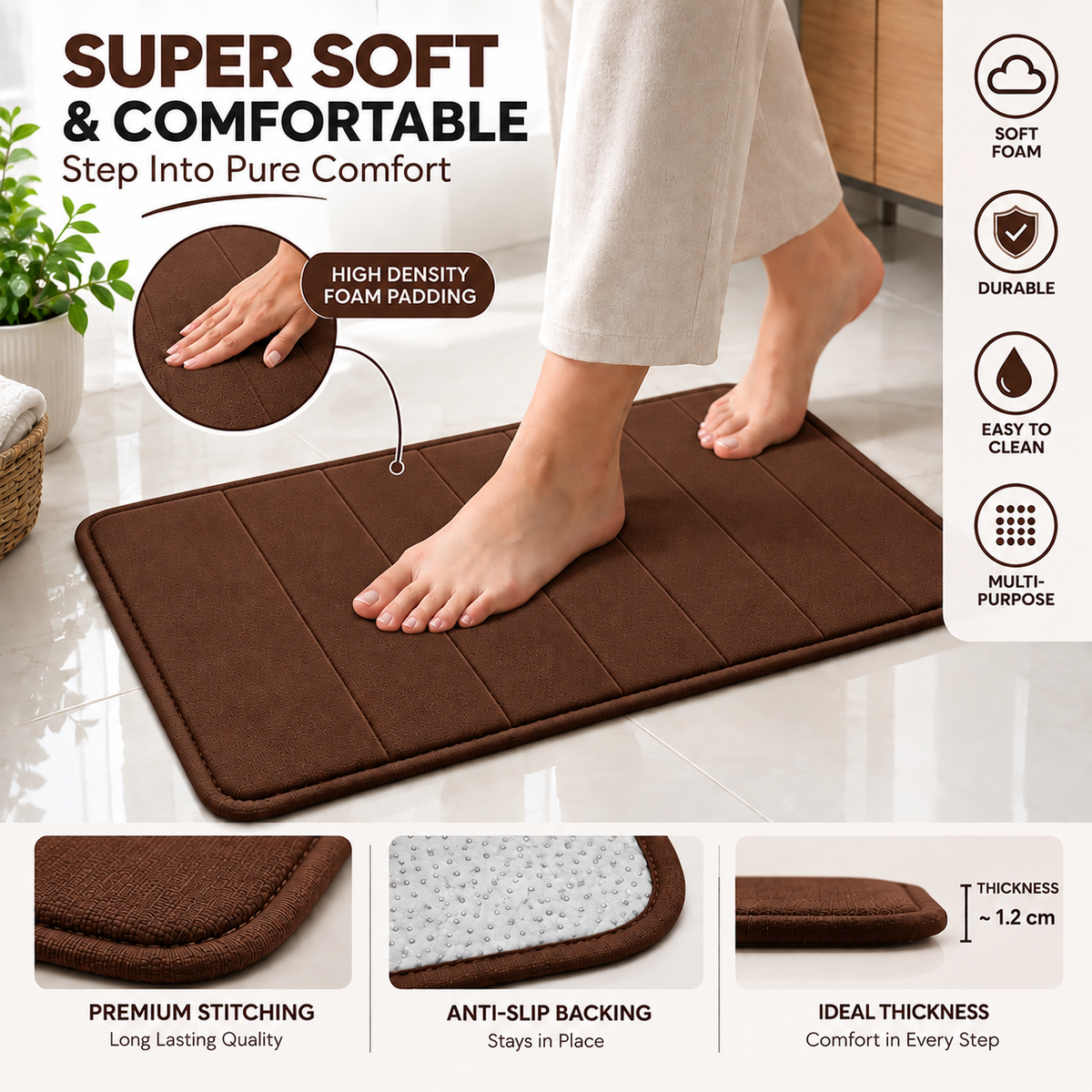 2PC Soft Foam Floor Mat Brown | Anti-Slip Multi-Purpose Mat