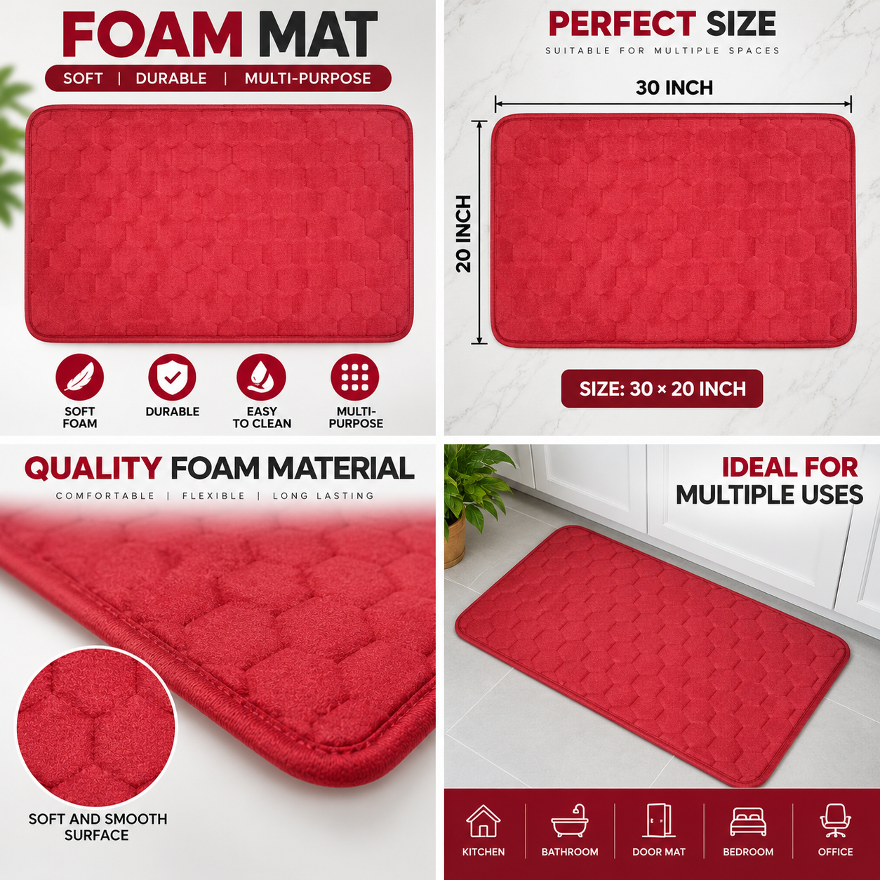 Soft Foam Floor Mat 30 × 20 Inch | Multi-Purpose Kitchen & Bathroom Mat