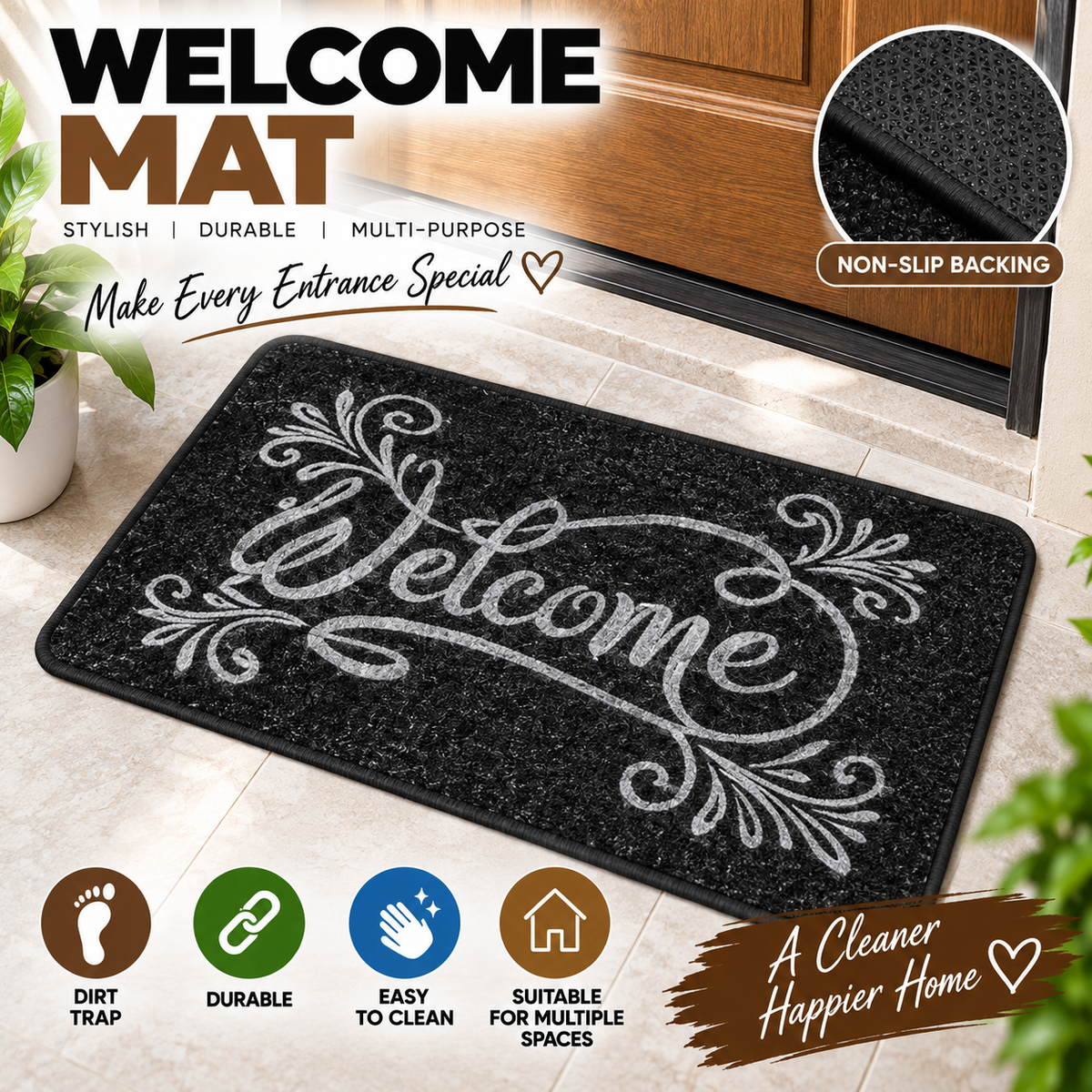Welcome Door Mat 23 × 15 Inch | Non-Slip Entrance & Floor Mat