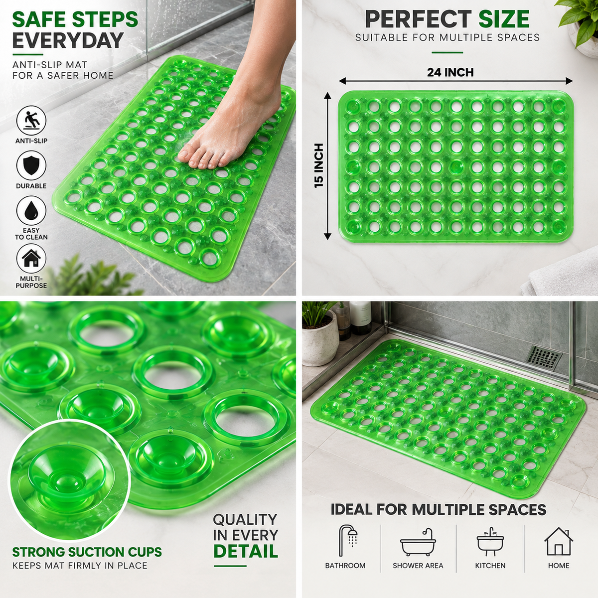 2PC Anti-Slip Bathroom Mat 24 × 15 Inch | Suction Cup Shower & Floor Mat