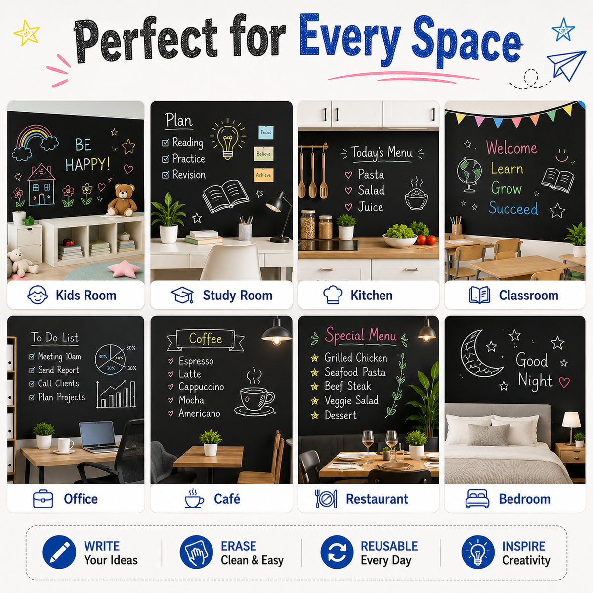 Self-Adhesive Erasable Blackboard Sticker Roll 200×45cm