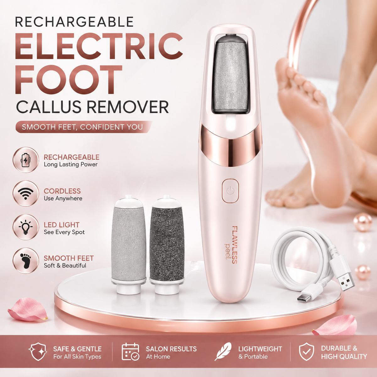 Rechargeable Electric Foot Callus Remover | Cordless Pedi Roller for Dry, Cracked Heels & Dead Skin