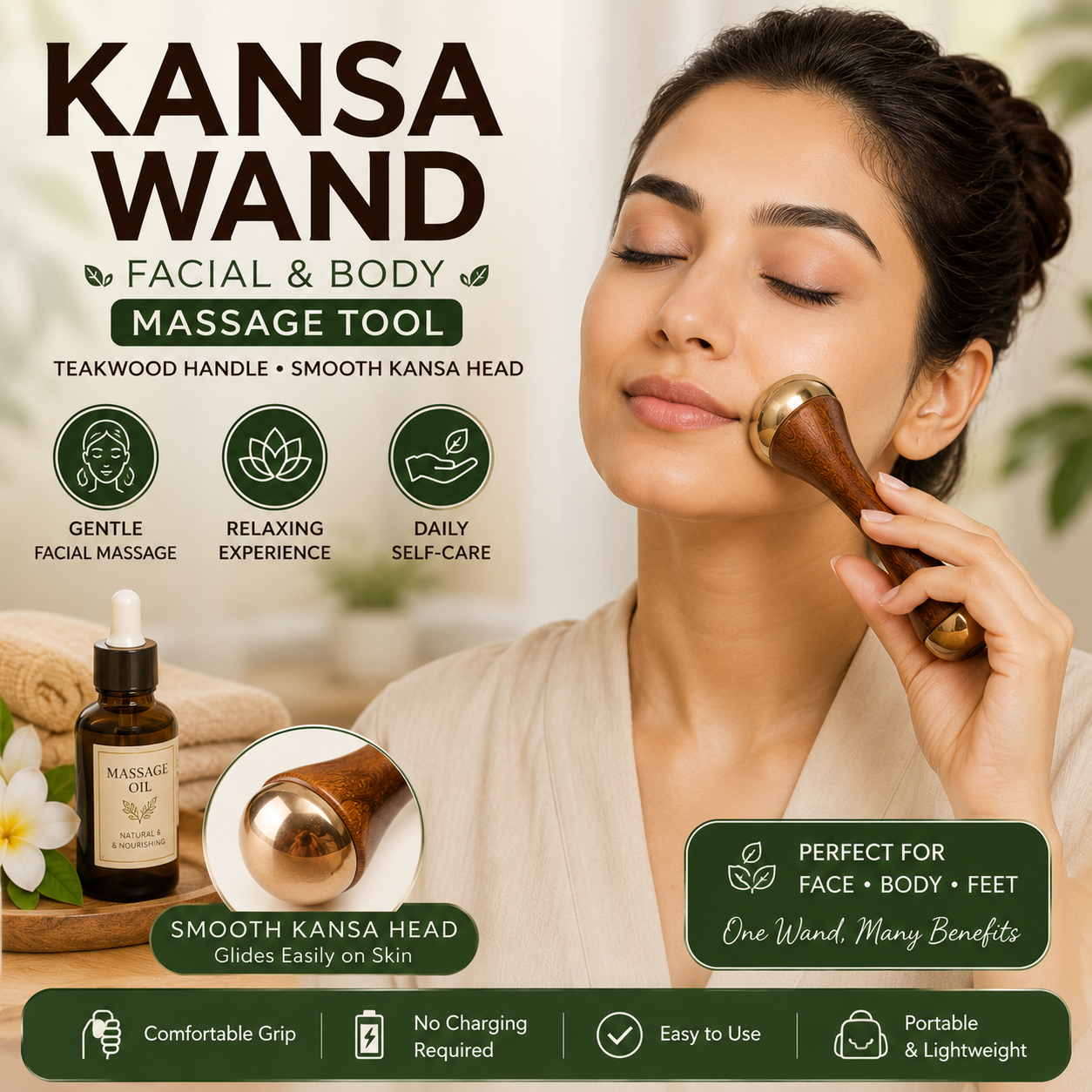 Kansa Wand Facial & Body Massager | Teak Wood Ayurvedic Massage Tool