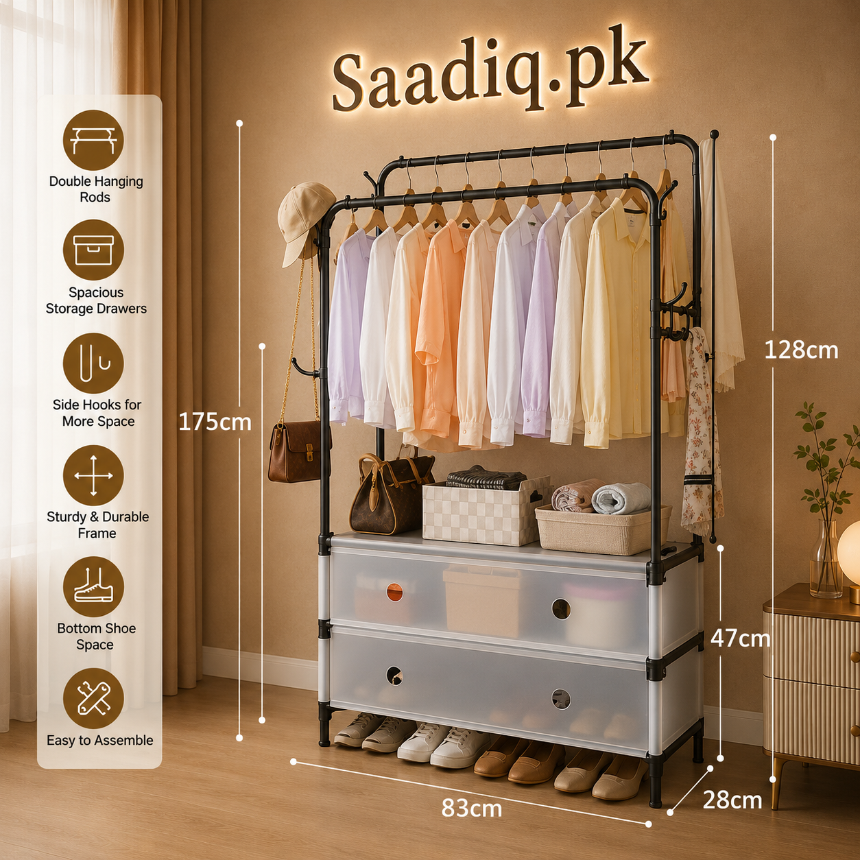 Double Rod Clothes Rack with Storage Shelves & Shoe Organizer – Heavy Duty Garment Rack for Bedroom & Home