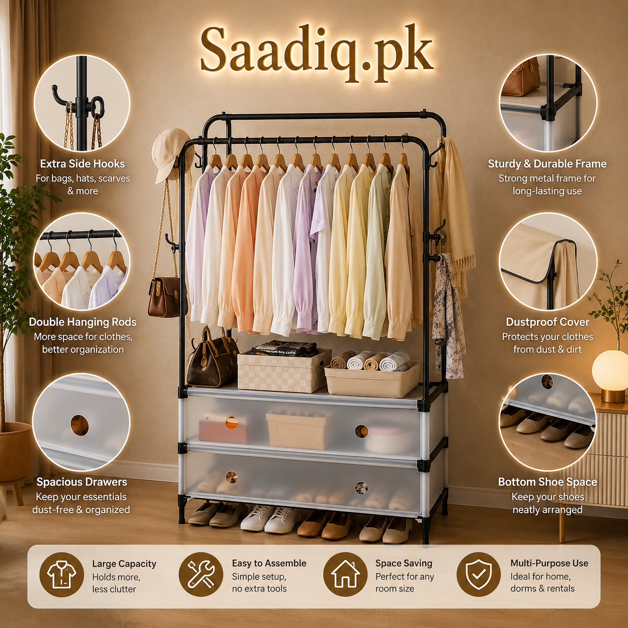 Double Rod Clothes Rack with Storage Shelves & Shoe Organizer – Heavy Duty Garment Rack for Bedroom & Home