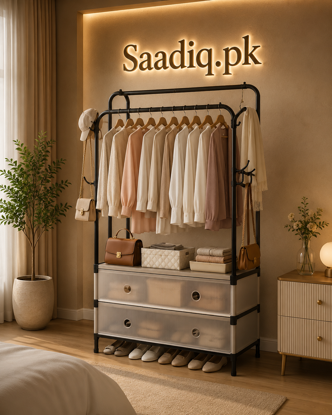 Double Rod Clothes Rack with Storage Shelves & Shoe Organizer – Heavy Duty Garment Rack for Bedroom & Home
