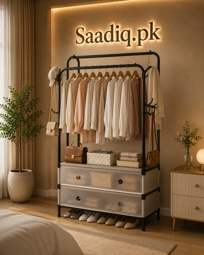 Double Rod Clothes Rack with Storage Shelves & Shoe Organizer – Heavy Duty Garment Rack for Bedroom & Home