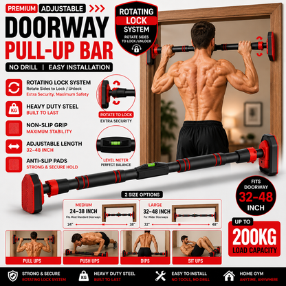 Adjustable No-Drill Doorway Pull Up Bar with Rotating Lock & Level Meter