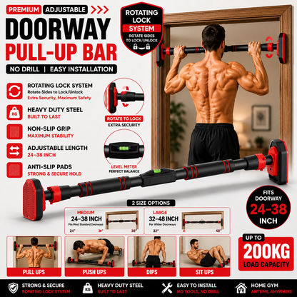 Adjustable No-Drill Doorway Pull Up Bar with Rotating Lock & Level Meter