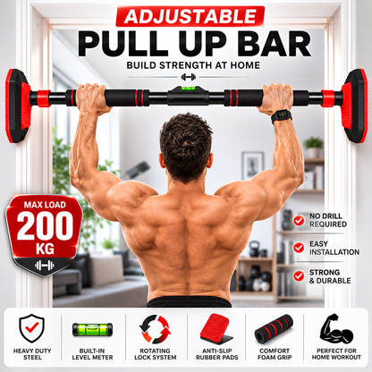 Adjustable No-Drill Doorway Pull Up Bar with Rotating Lock & Level Meter