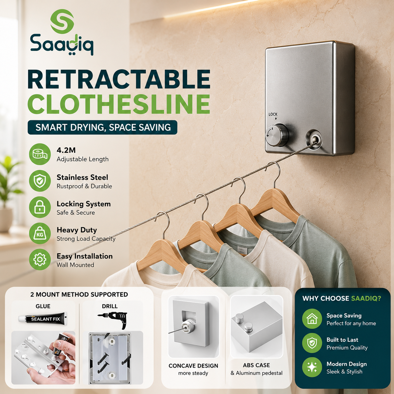Retractable Clothesline 4.2M Wall Mounted Stainless Steel Laundry Drying Line | Space Saving Indoor & Outdoor Clothes Drying Rope