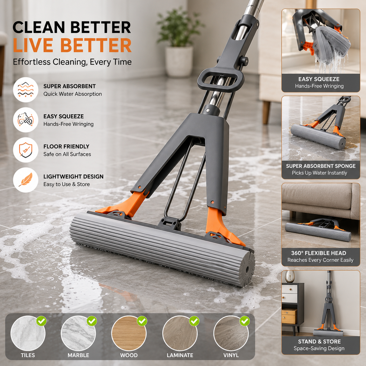 Super Absorbent Self Squeeze Sponge Floor Mop