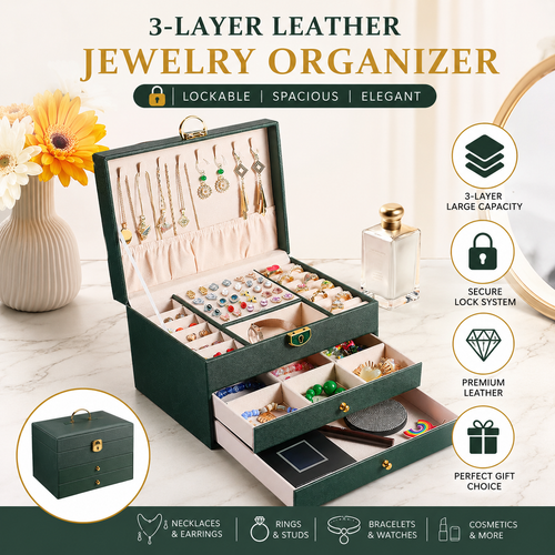 3 Layer PU Leather Jewelry Storage Organizer Box with Lock