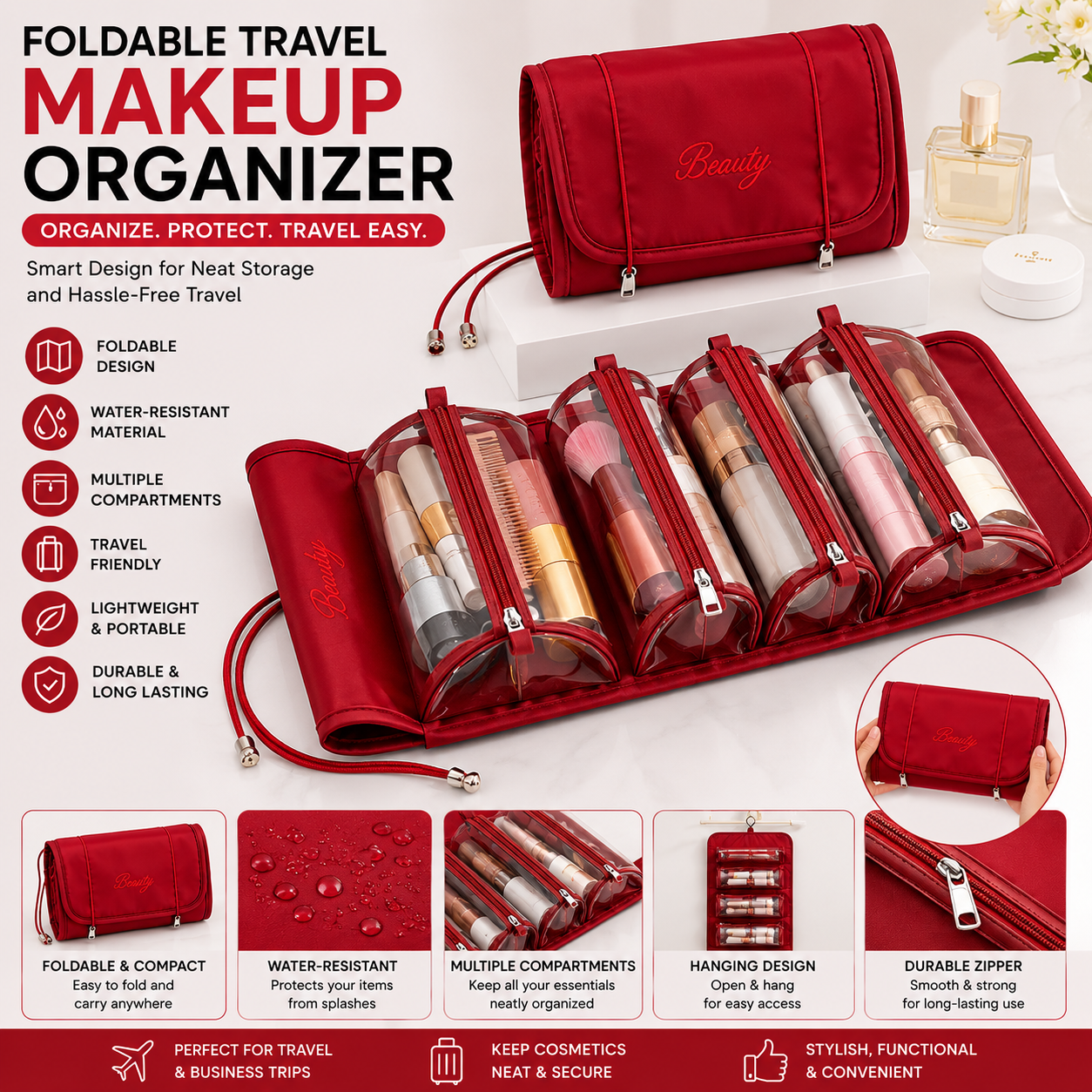 Premium Foldable Travel Makeup Organizer – Detachable Zipper Pouch Hanging Cosmetic Storage Bag