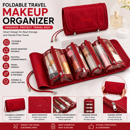 Premium Foldable Travel Makeup Organizer – Detachable Zipper Pouch Hanging Cosmetic Storage Bag