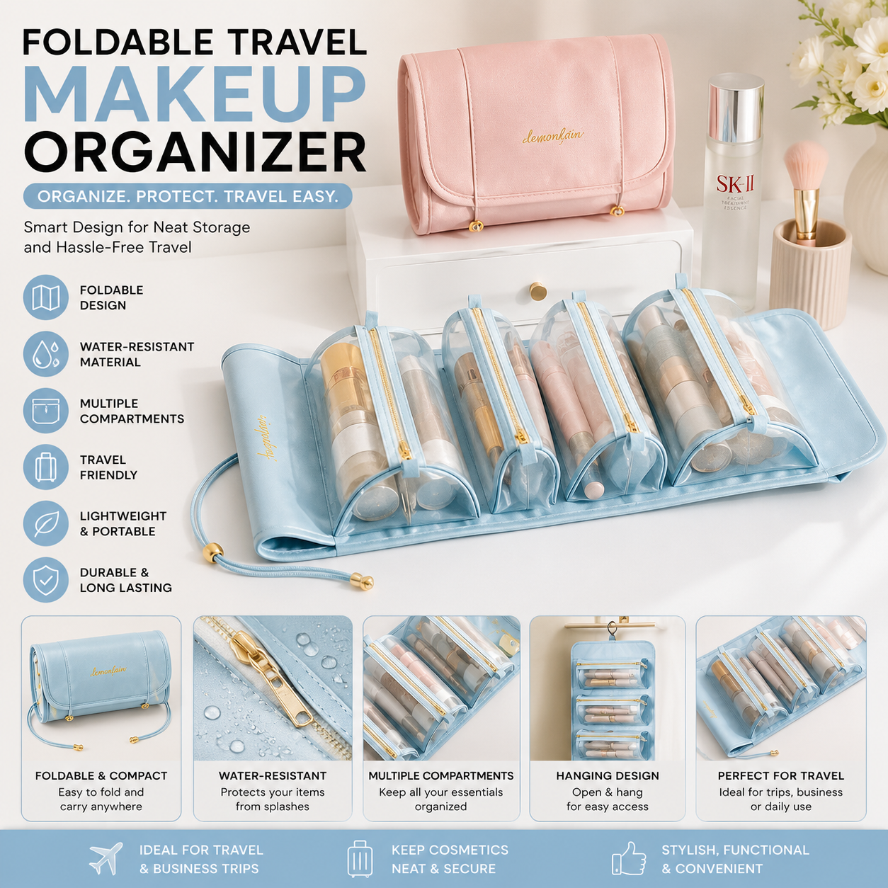 Premium Foldable Travel Makeup Organizer – Detachable Zipper Pouch Hanging Cosmetic Storage Bag