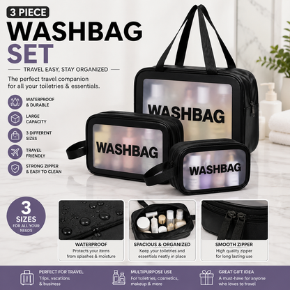 Transparent Waterproof PVC Travel Cosmetic Washbag Set – 3-Pack