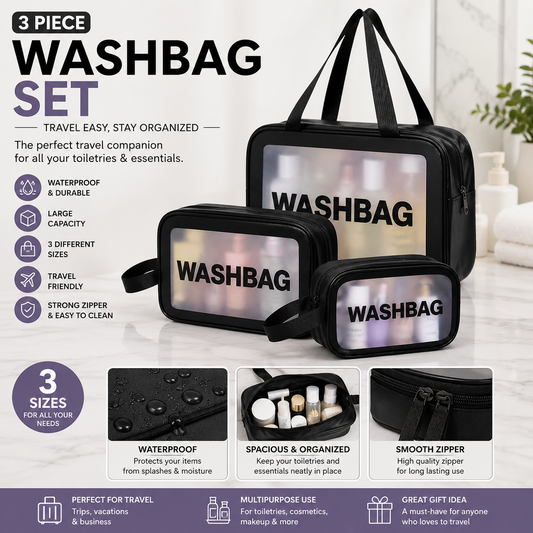 Transparent Waterproof PVC Travel Cosmetic Washbag Set – 3-Pack